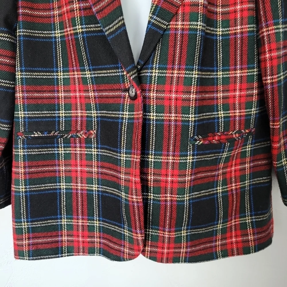 Prophecy Vintage Women's 14 Black Red Plaid Blazer 40% Wool Blend Yellow Blue - Picture 3 of 8